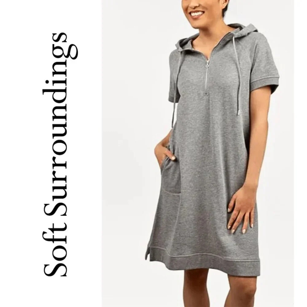 Soft Surroundings, Hooded French Terry Short Sleeve Half Zip‎ Dress, Gray, Grey